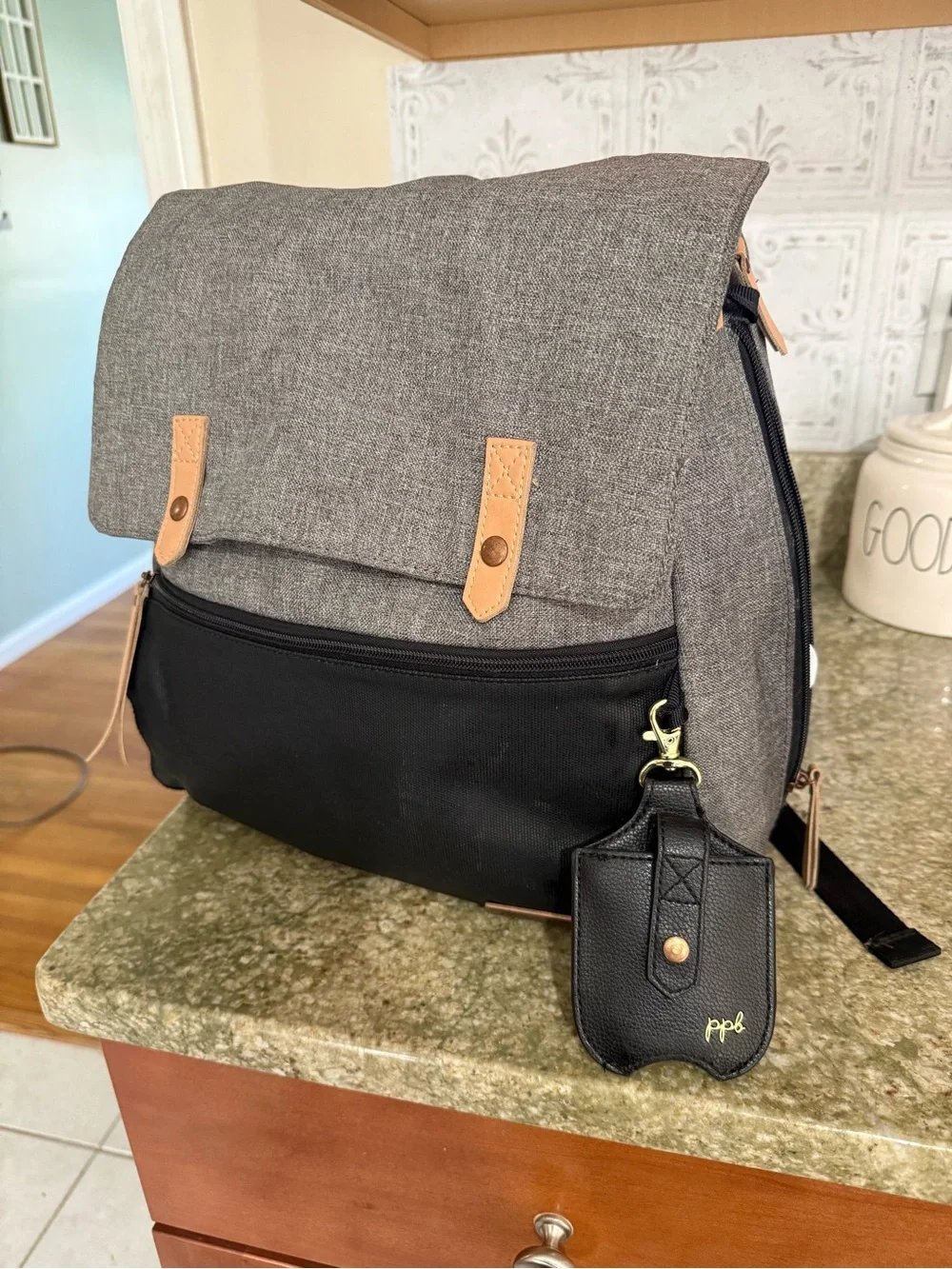 Petunia Pickle Bottom Gray and Black Diaper Backpack with Tan Trim